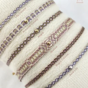 Set de Pulseras Artesanales de Hilo, Paleta Lila con Nombres Místicos